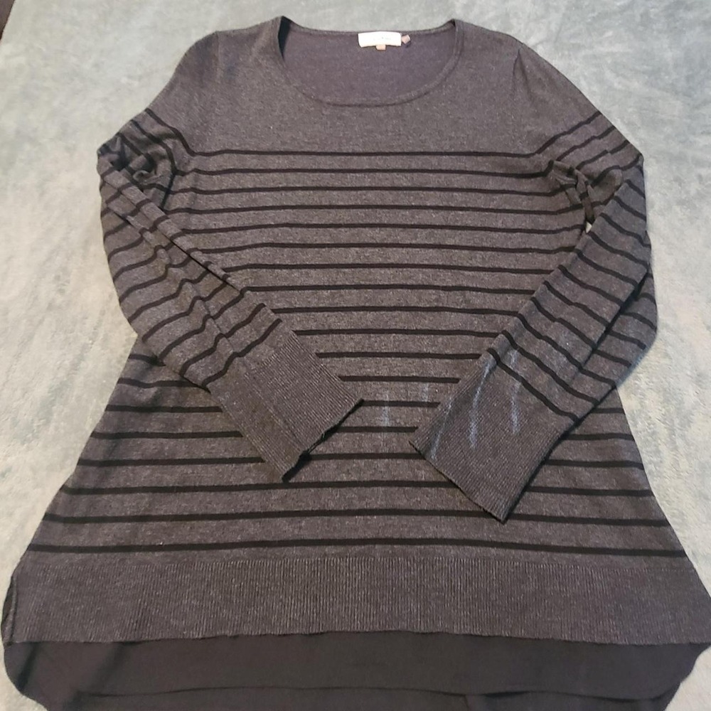 Calvin Klein Womens Large Grey Black Striped Layered Hem Crew Neck Sweater